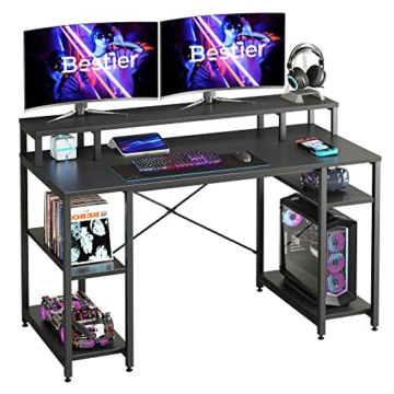 Bestier Gaming-Schreibtisch mit Monitorablage, 140 cm großer Home-Office-Schreibtisch mit offenen Ablagen, Schreib-Gaming-Studientisch-Workstation für kleine Räume, Kohlefaser - 7