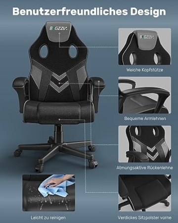 bigzzia Gaming Stuhl Computerstuhl Ergonomisch - Gamer Stuhl Bürostuhl mit Höhenverstellung Wippfunktion Feste Armlehne für Erwachsene Junge Mädchen, Grau - 3