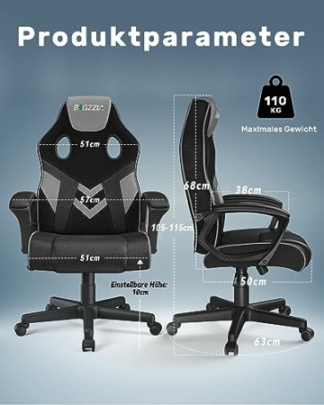 bigzzia Gaming Stuhl Computerstuhl Ergonomisch - Gamer Stuhl Bürostuhl mit Höhenverstellung Wippfunktion Feste Armlehne für Erwachsene Junge Mädchen, Grau - 7