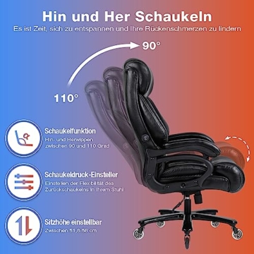 Bosmiller Bürostuhl Chefsessel 200kg Belastbarkeit Bürostuhl 200kg Ergonomischer Schreibtischstuhl Drehstuhl Leder mit Doppelt verstellbare Lendenwirbelstütze, Black 9338 - 6