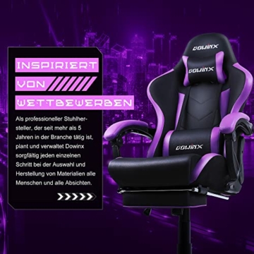 Dowinx Gaming Stuhl Ergonomischer Gamer Stuhl mit Lendenwirbelstütze, PC Bürostuhl Rückenlehne Verstellbarer Drehsessel mit Fußstütze (Schwarz&Violett - 3