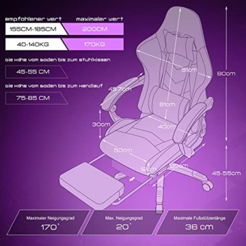 Dowinx Gaming Stuhl Ergonomischer Gamer Stuhl mit Lendenwirbelstütze, PC Bürostuhl Rückenlehne Verstellbarer Drehsessel mit Fußstütze (Schwarz&Violett - 7