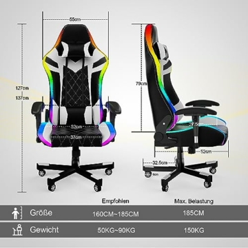 Homall Gaming Stuhl mit LED, 150 kg Belastbarkeit, Ergonomischer Bürostuhl RGB Beleuchtung und Lendenwirbelstütze, Gamer Sessel mit PU Leder - 3
