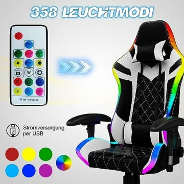 Homall Gaming Stuhl mit LED, 150 kg Belastbarkeit, Ergonomischer Bürostuhl RGB Beleuchtung und Lendenwirbelstütze, Gamer Sessel mit PU Leder - 4