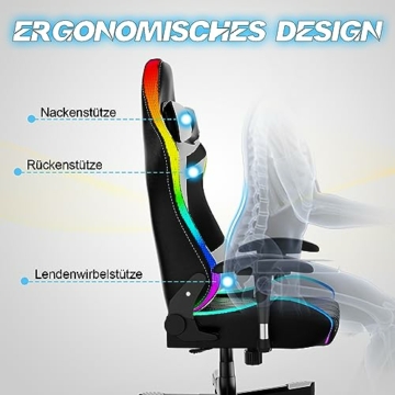 Homall Gaming Stuhl mit LED, 150 kg Belastbarkeit, Ergonomischer Bürostuhl RGB Beleuchtung und Lendenwirbelstütze, Gamer Sessel mit PU Leder - 5
