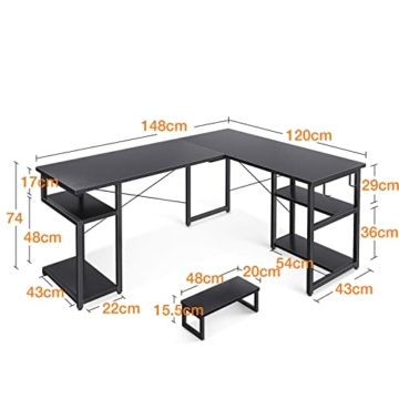 ODK Eckschreibtisch Schwarz 148x120cm - L-förmiger Tisch, Schreibtisch L Form, platzsparend mit Doppel-Regalen & Haken, Ideal für Wohnzimmer & Home Office - 3