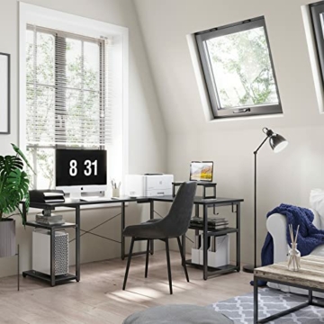 ODK Eckschreibtisch Schwarz 148x120cm - L-förmiger Tisch, Schreibtisch L Form, platzsparend mit Doppel-Regalen & Haken, Ideal für Wohnzimmer & Home Office - 4
