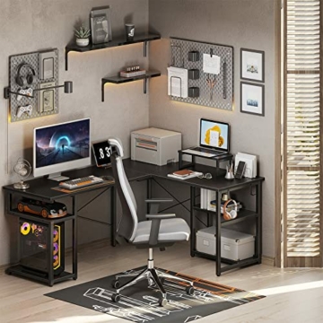 ODK Eckschreibtisch Schwarz 148x120cm - L-förmiger Tisch, Schreibtisch L Form, platzsparend mit Doppel-Regalen & Haken, Ideal für Wohnzimmer & Home Office - 5