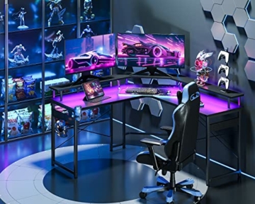 ODK Gaming Tisch mit LED, Gaming Schreibtisch mit 2 Steckdosen und 2 USB Ladeanschluss, Computertisch Schwarz mit großzügiger Monitorablage, Stabiler Stahlrahmen und einfache Montage, 129x129 cm - 2