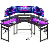 ODK Gaming Tisch mit LED, Gaming Schreibtisch mit 2 Steckdosen und 2 USB Ladeanschluss, Computertisch Schwarz mit großzügiger Monitorablage, Stabiler Stahlrahmen und einfache Montage, 129x129 cm - 1