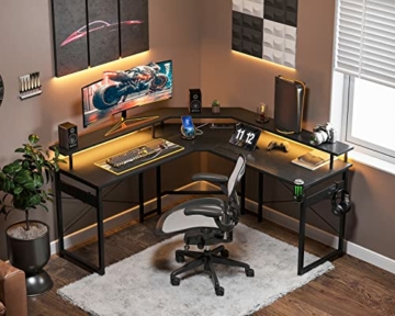 ODK Gaming Tisch mit LED, Gaming Schreibtisch mit 2 Steckdosen und 2 USB Ladeanschluss, Computertisch Schwarz mit großzügiger Monitorablage, Stabiler Stahlrahmen und einfache Montage, 129x129 cm - 4