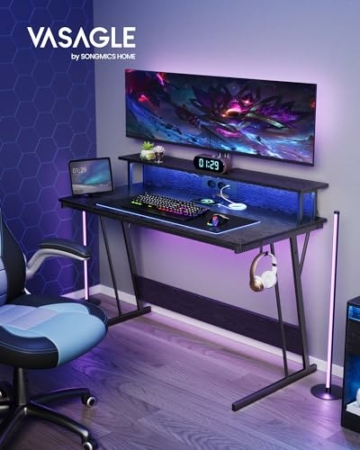 VASAGLE Gaming-Tisch mit LED-Beleuchtung, Schreibtisch mit eingebauter Steckdosenleiste, Computertisch, Monitorständer für 2 Monitore, Schlafzimmer, 60 x 120 x 76 cm, klassikschwarz LWD192B56 - 3