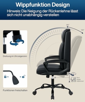 BAYGE Bürostuhl Ergonomisch, Schreibtischstuhl, Chefsessel Bürostuhle bis 150kg belastbarkeit mit gepolsterter Armlehne und hohe Rückenlehne, drehbar und Wippfunktion,Höhenverstellbar, Schwarz Leder - 7