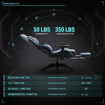 Dowinx Gaming Stuhl - Bürostuhl mit Hoher Belastbarkeit- PU Leder Gamer Stuhl mit 4D Armlehnen und Fußstütze - Ergonomischer Gaming Chair- als Gaming-Sessel Geeignet - 150 kg(Grau) - 6