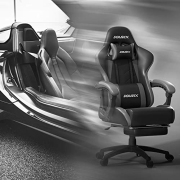 Dowinx Gaming Stuhl Ergonomischer Gamer Stuhl mit Lendenwirbelstütze, PC Bürostuhl Rückenlehne Verstellbarer Drehsessel mit Fußstütze (Schwarz&grau - 8