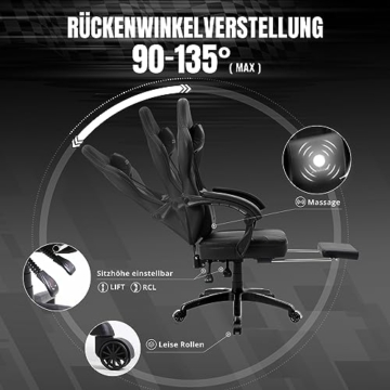 Dowinx Gaming Stuhl mit Frühling Kissen, Massage Gaming Sessel mit Fußstütze, Ergonomischer Racing Gamer Stuhl 150 kg belastbarkeit, Schwarz - 6
