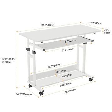 Dripex Schreibtisch höhenverstellbar, Computertisch mit Rollen, Schreibtisch klein auf Rollen, platzsparender Laptoptisch mit Tastaturauszug und Regal, PC Tisch klein für Home Office, Weiß - 2