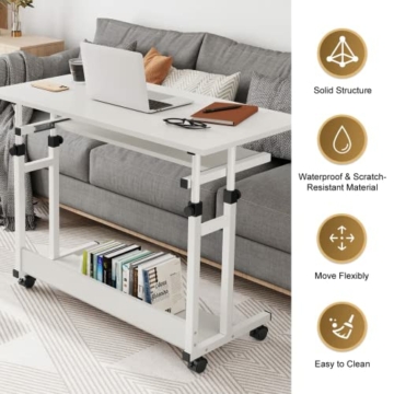 Dripex Schreibtisch höhenverstellbar, Computertisch mit Rollen, Schreibtisch klein auf Rollen, platzsparender Laptoptisch mit Tastaturauszug und Regal, PC Tisch klein für Home Office, Weiß - 6