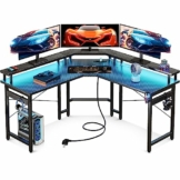 ODK Gaming Tisch 129x129 cm, Gaming Schreibtisch mit LED, PC Tisch Gaming mit 2 Steckdosen und 2 USB Ladeanschluss, Computertisch mit großzügiger Monitorablage, Kohlefaser Schwarz - 1