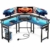 ODK Gaming Tisch 129x129 cm, Gaming Schreibtisch mit LED, PC Tisch Gaming mit 2 Steckdosen und 2 USB Ladeanschluss, Computertisch mit großzügiger Monitorablage, Kohlefaser Schwarz - 1