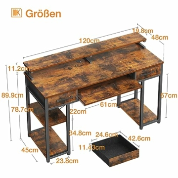 ODK Schreibtisch, Computertisch mit Schubladen, 120x50x90cm Schreibtisch Holz mit Abnehmbarem Regal, Bürotisch mit Tastaturablage und Monitorständer, PC Tisch Gaming Tisch für Home Office, Braun - 3