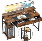 ODK Schreibtisch mit 2 Schubladen, Computertisch mit Regalen und Monitorständer, Bürotisch mit Bücherregal, Computertisch Klein PC-Tisch Officetisch für Home Office, 120x50x87cm, Rustikales Braun - 1