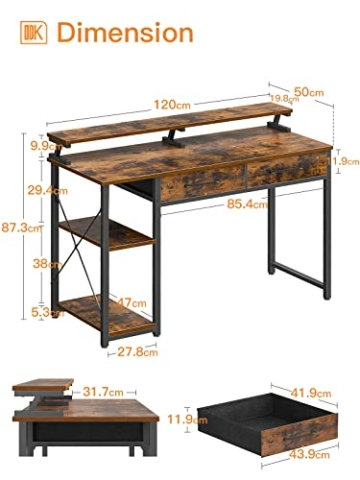 ODK Schreibtisch mit 2 Schubladen, Computertisch mit Regalen und Monitorständer, Bürotisch mit Bücherregal, Computertisch Klein PC-Tisch Officetisch für Home Office, 120x50x87cm, Rustikales Braun - 3