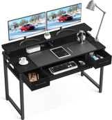ODK Schreibtische mit 2 Schubladen, Computertisch mit Tastaturablage, Bürotisch Holz PC-Tisch mit Monitorständer Höhenverstellbar, Officetisch Schreibtisch Schwarz, 120x48x87cm für Home Office - 1