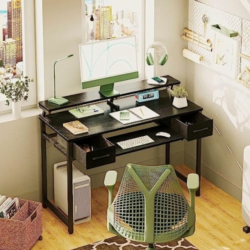 ODK Schreibtische mit 2 Schubladen, Computertisch mit Tastaturablage, Bürotisch Holz PC-Tisch mit Monitorständer Höhenverstellbar, Officetisch Schreibtisch Schwarz, 120x48x87cm für Home Office - 4