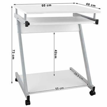 VASAGLE Schreibtisch, Computertisch mit 4 Rollen, 2 Davon mit Bremsen, PC-Tisch leichtgängiger Tastaturauszug, erleichterte Montage, platzsparender PC-Tisch in Z-Form, weiß, LCD811W, 60x48x73 cm - 3