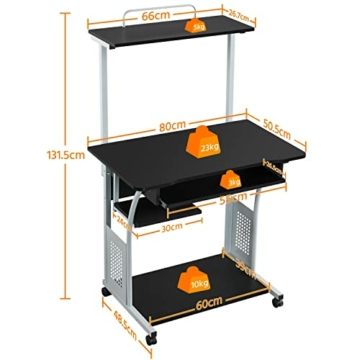 Yaheetech Schreibtisch mit Druckerregal Computertisch schwarz PC Tisch mit 4 Rollen 80 x 50 x 132 cm - 3