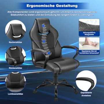 Zedelmaier Gaming Stuhl Gaming Sessel Ergonomischer Bürostuhl Gaming Stuhl Gamerstuhl mit Wippfunktion gepolsterter Rückenlehne höhenverstellbar Schreibtischstuhl Gaming Stuhl (Schwarz) - 4