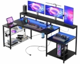 Bestier Gaming Tisch, 181x80 cm Schreibtisch mit LED-Leuchten, L-förmiger Schreibtische mit 3 AC-Steckdosen und 2 USB Ladeanschluss, Computertisch mit großzügiger Monitorablage, Kohlefaser Schwarz - 1