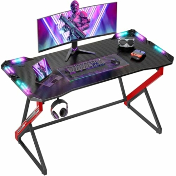 BEXEVUE Gaming Schreibtisch LED – 120x60 cm PC Gamer Tisch Ergonomischer, Z Rahmen mit Kohlefaseroberfläche Stabil, Einfach zu Montieren, Kopfhörerhaken für Gaming Studium Arbeit Zuhause Schlafzimmer - 1