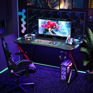 BEXEVUE Gaming Schreibtisch LED – 120x60 cm PC Gamer Tisch Ergonomischer, Z Rahmen mit Kohlefaseroberfläche Stabil, Einfach zu Montieren, Kopfhörerhaken für Gaming Studium Arbeit Zuhause Schlafzimmer - 8