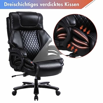 Bosmiller Bürostuhl Chefsessel 200kg Belastbarkeit Bürostuhl 200kg Ergonomischer Schreibtischstuhl Drehstuhl Leder mit Verstellbarer Lordosenstütze, Schwarz 9341 - 4