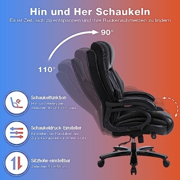 Bosmiller Bürostuhl Chefsessel 200kg Belastbarkeit Bürostuhl 200kg Ergonomischer Schreibtischstuhl Drehstuhl Leder mit Verstellbarer Lordosenstütze, Schwarz 9341 - 8