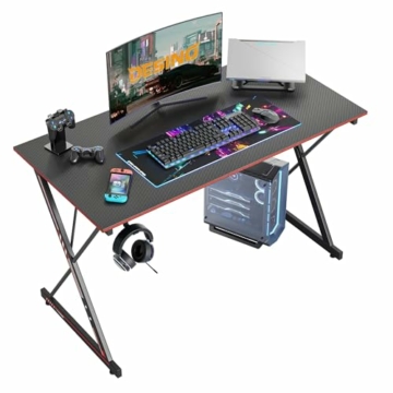 DESINO Gaming Schreibtisch, 80 x 60 cm Ergonomischer Computertisch, Tisch mit Kohlefaseroberfläche, stabiles Kopfhörerhaken zum Spielen, Lernen, Zuhause, Schlafzimmer, Schwarz - 1