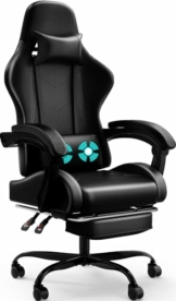 Devoko Massage Gaming Stuhl, Computer Bürostuhl mit Fußstütze, Racing Gamer Stuhl 150kg Belastbarkeit, 90-135° Rückenlehne einstellbar Ergonomischer PC Stuhl, 360° drehbar, Schwarz - 1