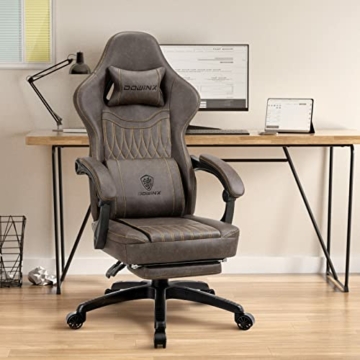 Dowinx Gaming Stuhl mit Frühling Kissen,Racing Gamer Stuhl mit Massage Lendenwirbelstütze, Ergonomischer Gaming Sessel mit Fußstütze Bürostuhl PU Leder Braun - 2