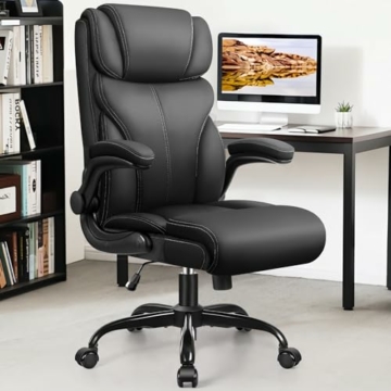 FelixKing Bürostuhl, Ergonomischer Großer Computer Bürostuhl, Chefsessel, Verstellbare Hohe Rückenlehne Flip Armlehnen, Lendenwirbelstütze Drehbarer Computerstuhl mit Schaukel(Matte Black) - 1