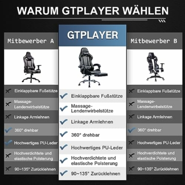 GTPLAYER Bürostuhl Gaming Stuhl Massage Chefsessel Ergonomischer Gamer Stuhl mit Fußstütze, Kopfstütze Massage-Lendenkissen, Gepolstert Gaming Chair, Drehsessel Schwarz - 4