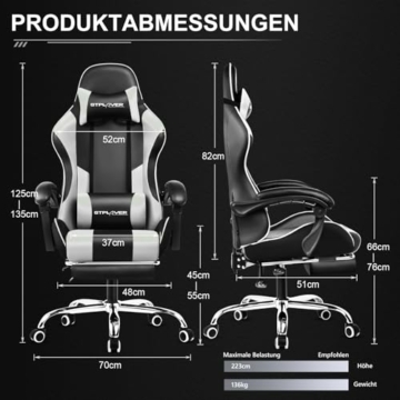 GTPLAYER Bürostuhl Gaming Stuhl Massage Gaming Sessel Ergonomischer Gamer Stuhl mit Fußstütze, Kopfstütze Massage-Lendenkissen, Gepolstert Gaming Chair, Drehsessel Weiß - 2