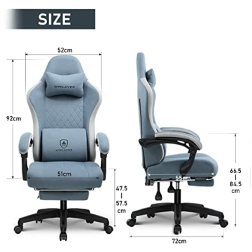 GTPLAYER Gaming Stuhl Ergonomischer Gaming Sessel Schreibtischstuhl mit Stoffoberfläche, Federsitzkissen, Verbindungsarmlehnen und Fußstütze hellblau - 3