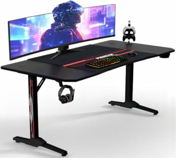 JUMMICO Groß Gaming Tisch 160cm, Gaming Schreibtisch PC Computertisch Ergonomischer Gamer Tisch zocker Tisch mit Kabelführungsfach, Kopfhörerhaken und Getränkehalter, 160 x 60cm, Schwarz - 1