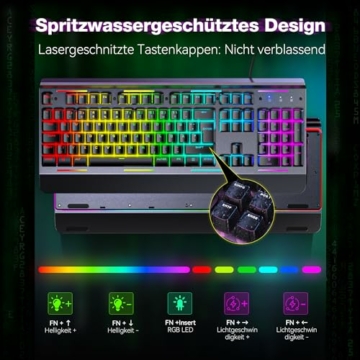 TECKNET RGB-Gaming-Tastatur für PC, Membran Tastatur mit 105 Tasten, Vollmetall-Pane, kabelgebundene Tastatur mit Handgelenkauflage, 15-Zonen RGB Beleuchtung, Computer Keyboard 25 Anti-Ghosting-Tasten - 6