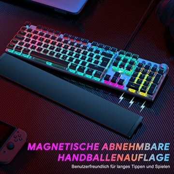 TECURS Mechanische Gaming Tastatur - QWERTZ Mechanical Keyboard mit Magnetische Handgelenkauflage, Multimedia-Tasten, 105 Tasten Kabelgebundene Rote Schalter Tastatur für PC/PS5/PS4, 19 LED Modi - 2