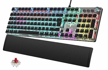 TECURS Mechanische Gaming Tastatur - QWERTZ Mechanical Keyboard mit Magnetische Handgelenkauflage, Multimedia-Tasten, 105 Tasten Kabelgebundene Rote Schalter Tastatur für PC/PS5/PS4, 19 LED Modi - 1