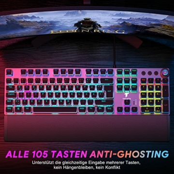 TECURS Mechanische Gaming Tastatur - QWERTZ Mechanical Keyboard mit Magnetische Handgelenkauflage, Multimedia-Tasten, 105 Tasten Kabelgebundene Rote Schalter Tastatur für PC/PS5/PS4, 19 LED Modi - 6