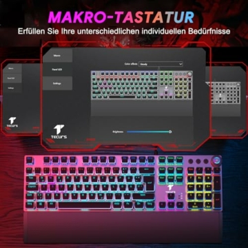 TECURS Mechanische Gaming Tastatur - QWERTZ Mechanical Keyboard mit Magnetische Handgelenkauflage, Multimedia-Tasten, 105 Tasten Kabelgebundene Rote Schalter Tastatur für PC/PS5/PS4, 19 LED Modi - 8